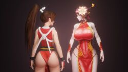 Rule 34 | 2girls, 3d, action taimanin, alternate costume, artist request, ass, bare legs, bare shoulders, breasts, china dress, chinese clothes, chinese food, curvy, dress, face-to-face, fatal fury, fingernails, flower, flower on head, hair ornament, high ponytail, highres, huge ass, huge breasts, japanese clothes, kunoichi, leotard, leotard under clothes, long hair, looking at another, micro panties, mizuki shiranui, multiple girls, nail polish, name connection, official alternate costume, open mouth, panties, pelvic curtain, red leotard, revealing clothes, shiny skin, shiranui mai, short dress, side-tie panties, sideboob, standing, taimanin (series), taimanin yukikaze, the king of fighters, underwear, very long hair, wide hips