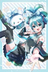 Rule 34 | 1girl, aqua background, arm tattoo, bare shoulders, black skirt, black sleeves, black thighhighs, blush, bow, breasts, candy, cinnamiku, cinnamoroll, commentary, detached sleeves, finger to cheek, food, fujiwara aoi, green bow, green eyes, green hair, green nails, green necktie, grey vest, hair between eyes, hair bow, happy, hatsune miku, head tilt, heart, highres, index finger raised, long hair, long sleeves, looking at viewer, miniskirt, navel, necktie, open hand, open mouth, outstretched arm, picture frame, pleated skirt, polka dot, polka dot background, polka dot bow, reaching, reaching towards viewer, sanrio, sidelocks, skirt, small breasts, smile, solo, tattoo, thighhighs, vest, vocaloid, wide sleeves, zettai ryouiki