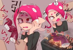 Rule 34 | !?, 1boy, 1girl, abuse, black shirt, child abuse, collarbone, cutting hair, eating, food, grill, hand on own chest, hand up, holding, holding scissors, nintendo, octoling, octoling player character, one eye closed, open mouth, organ rn, pointy ears, red eyes, scared, scissors, shaded face, shirt, speech bubble, splatoon (series), spoken interrobang, suction cups, sweat, tears, teeth, tentacle hair, torture, translation request, trembling, turn pale