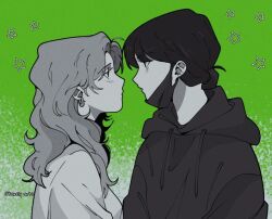 Rule 34 | 2girls, blush, commentary, ear piercing, earrings, eye contact, face-to-face, from side, green background, greyscale with colored background, hood, hood down, hoodie, hoop earrings, instagram username, jewelry, karely arts, kininatteru hito ga otoko ja nakatta, koga mitsuki, long hair, looking at another, mask, mouth mask, multiple girls, oosawa aya, piercing, profile, star (symbol), upper body, wavy hair, yuri