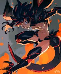 Rule 34 | 1girl, black hair, blue eyes, breasts, claws, dragon tail, kill la kill, looking at viewer, matoi ryuuko, multicolored hair, optionaltypo, red hair, revealing clothes, senketsu, short hair, sketch, small breasts, solo, spiked hair, tail, two-tone hair, v-shaped eyebrows