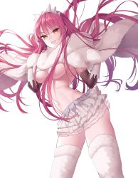 Rule 34 | 1girl, absurdres, bad id, bad pixiv id, breasts, cape, elbow gloves, fate/grand order, fate (series), fur cape, gloves, highres, long hair, looking at viewer, may (2747513627), medb (fate), medb (first ascension) (fate), miniskirt, navel, pink hair, simple background, skirt, smile, thighhighs, thighs, tiara, underboob, white background, white gloves, white skirt, white thighhighs, yellow eyes