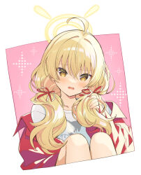 Rule 34 | 1girl, ahoge, blonde hair, blue archive, blush, feet out of frame, hair between eyes, hair ribbon, halo, jacket, long hair, official alternate costume, open clothes, open jacket, open mouth, red jacket, red ribbon, ribbon, sakuro, shirt, solo, tress ribbon, white shirt, yellow eyes, yellow halo, yoshimi (band) (blue archive), yoshimi (blue archive)