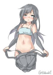 Rule 34 | 10s, 1girl, arm warmers, asashio (kancolle), bad id, bad twitter id, black hair, black skirt, blue bra, blue eyes, blush, bra, breasts, collarbone, cowboy shot, cropped legs, ebifurya, eyebrows, groin, highres, inactive account, kantai collection, long hair, looking at viewer, navel, no panties, open mouth, pleated skirt, sidelocks, simple background, skirt, small breasts, solo, stomach, suspender skirt, suspenders, training bra, twitter username, underwear, undressing, white background