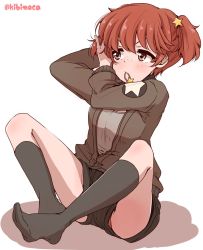 Rule 34 | 1girl, adjusting hair, alisa (girls und panzer), black shorts, black socks, blush, brown eyes, brown hair, brown jacket, commentary, emblem, freckles, girls und panzer, hair ornament, hair tie in mouth, highres, jacket, kibimoka, long sleeves, military, military uniform, mouth hold, one-hour drawing challenge, panties, panty peek, partially unzipped, saunders military uniform, shadow, short hair, short shorts, short twintails, shorts, simple background, sitting, socks, solo, star (symbol), star hair ornament, twintails, twitter username, underwear, uniform, upshorts, white background