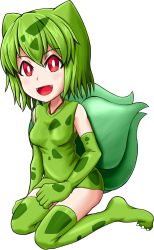 Rule 34 | 1girl, alternate color, blush, breasts, bulbasaur, claws, collarbone, creatures (company), dress, elbow gloves, fangs, female focus, full body, game freak, gen 1 pokemon, gloves, green dress, green gloves, green hair, green thighhighs, happy, highres, kneeling, looking at viewer, nintendo, open mouth, personification, pokemon, red eyes, shiny clothes, shiny pokemon, short dress, short hair, shougun (chuckni1), simple background, sitting, skindentation, sleeveless, sleeveless dress, small breasts, smile, solo, thighhighs, white background, zettai ryouiki