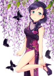 Rule 34 | 1girl, aqua eyes, artist request, bare shoulders, blush, braid, breasts, bug, butterfly, china dress, chinese clothes, cleavage, cleavage cutout, clothing cutout, crown braid, dress, female focus, flower, green eyes, heart, high heels, hiro9779, bug, long hair, looking at viewer, looking up, love live!, love live! school idol festival, love live! school idol project, purple dress, purple hair, purple high heels, scrunchie, short dress, side slit, smile, solo, standing, standing on one leg, tojo nozomi, twintails