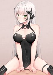 Rule 34 | 1boy, 1girl, bar censor, black leotard, blush, breasts, censored, closed mouth, clothed sex, clothing aside, collarbone, commentary request, covered erect nipples, cowgirl position, gager (girls&#039; frontline), girl on top, girls&#039; frontline, green eyes, grey hair, gweda, hands on another&#039;s stomach, hetero, korean commentary, leotard, leotard aside, looking at viewer, pussy, sex, solo focus, spread legs, straddling, thigh strap, watermark