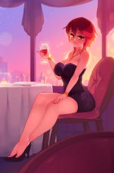 Rule 34 | 1girl, absurdres, alcohol, backlighting, bare shoulders, black dress, black footwear, bracelet, breasts, chair, cleavage, commentary, commission, cross, cross necklace, crossed ankles, cup, cupping glass, dress, drinking glass, eba rin, english commentary, eyeshadow, full body, high heels, highres, jewelry, kimi no iru machi, large breasts, legs, looking at viewer, makeup, medium hair, mole, mole under eye, necklace, no bra, red hair, restaurant, rtil, short dress, short hair, sitting, sky, smile, solo, star (sky), starry sky, strapless, strapless dress, sunset, wine, wine glass