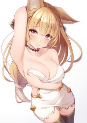 Rule 34 | 1girl, animal ears, arm up, armpits, black thighhighs, blonde hair, blush, braid, breast hold, breasts, choker, cleavage, closed mouth, dress, erune, french braid, from above, granblue fantasy, highres, keima ron, large breasts, long hair, looking at viewer, low-tied long hair, purple eyes, solo, standing, thighhighs, white dress, yuisis (granblue fantasy)