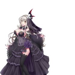 Rule 34 | 1girl, black dress, black nails, blush, breasts, cleavage, detached collar, dress, fingernails, goth fashion, grey hair, large breasts, legs, long fingernails, long hair, looking at viewer, nail polish, nipples, sacred sword princesses, see-through, solo, standing, thighhighs, thighs, transparent background, veil, yellow eyes