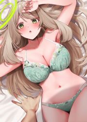 Rule 34 | 1boy, 1girl, :o, armpits, blue archive, blush, bra, breasts, green eyes, halo, highres, lace, lace-trimmed bra, lace-trimmed panties, lace trim, large breasts, light brown hair, long hair, looking at viewer, lying, narushima kanna, nonomi (blue archive), on back, open mouth, panties, pov, pov hands, solo focus, underwear, underwear only, very long hair