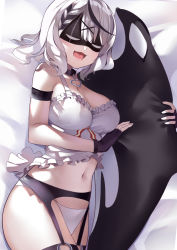 Rule 34 | 1girl, breasts, hugging doll, donggua bing cha, hair ornament, highres, hololive, large breasts, lying, multicolored hair, hugging object, on side, panties, sakamata chloe, solo, streaked hair, stuffed orca, underwear, virtual youtuber, white panties, x hair ornament