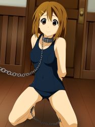 Rule 34 | 1girl, arms behind back, bare shoulders, barefoot, bdsm, bondage, bound, breasts, brown eyes, brown hair, chain, collar, cuffs, door, feet, hair ornament, hairclip, highres, hirasawa yui, k-on!, kneeling, leash, legs, looking at viewer, minarui, nervous, school swimsuit, short hair, slave, solo, swimsuit, thighs, toes, wooden floor