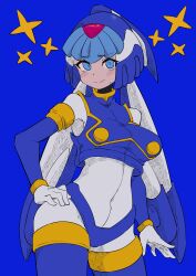 Rule 34 | 1girl, absurdres, android, blue background, blue eyes, blue headwear, breasts, buzzlyears, covered navel, crop top, crotch plate, fairy leviathan (mega man), helmet, highres, large breasts, looking at viewer, mega man (series), mega man zero (series), simple background, solo, star (symbol), upper body
