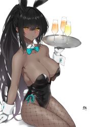 Rule 34 | 1girl, absurdres, alcohol, animal ears, armpits, bare shoulders, black hair, black leotard, blue archive, blue bow, bow, bowtie, breasts, c-da, cleavage, closed mouth, commentary, cowboy shot, cup, dark-skinned female, dark skin, detached collar, drinking glass, fake animal ears, fishnet pantyhose, fishnets, gloves, high ponytail, highleg, highleg leotard, highres, karin (blue archive), karin (bunny) (blue archive), large breasts, leotard, long hair, looking at viewer, pantyhose, playboy bunny, ponytail, rabbit ears, rabbit tail, sidelocks, solo, strapless, strapless leotard, tail, traditional bowtie, tray, very long hair, white background, white gloves, wide hips, wrist cuffs, yellow eyes