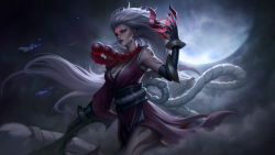 Rule 34 | 1girl, absurdres, arm tattoo, bead necklace, beads, belt, black gloves, bracelet, breasts, burning, claw (weapon), cleavage, closed mouth, cloud, crack, cracked mask, diana (league of legends), elbow gloves, fur trim, gloves, glowing, highres, holding, holding mask, holding weapon, jewelry, league of legends, long hair, mask, unworn mask, moon, necklace, night, night sky, outdoors, pink eyes, pink lips, red eyes, rope, rope belt, silver hair, sky, solo, talisman, tattoo, very long hair, weapon, yonghe qiu