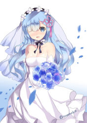 Rule 34 | 10s, 1girl, bare shoulders, blue eyes, blue flower, blue hair, blush, bouquet, breasts, bridal veil, cleavage, dress, flower, hair ornament, hair over one eye, hair ribbon, highres, holding, holding bouquet, holding flower, looking at viewer, lunacats, matching hair/eyes, medium breasts, open mouth, petals, re:zero kara hajimeru isekai seikatsu, rem (re:zero), ribbon, short hair, simple background, solo, standing, veil, wedding dress, white dress, x hair ornament
