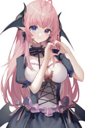 Rule 34 | 1girl, antenna hair, breasts, cleavage cutout, clothing cutout, commission, dress, head wings, heart, heart hands, heterochromia, highres, horns, looking at viewer, low wings, medium breasts, original, pink eyes, pink hair, pointy ears, puffy short sleeves, puffy sleeves, purple eyes, raiya atelier, short sleeves, skeb commission, smile, solo, white background, wings