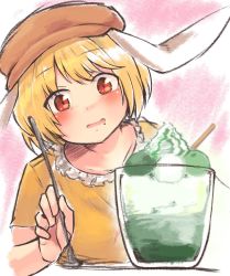 Rule 34 | 1girl, animal ears, blonde hair, blush, brown hat, collarbone, eyes visible through hair, food, frills, ginnkei, glass, hair between eyes, hand up, hat, ice cream, looking to the side, one-hour drawing challenge, open mouth, orange shirt, pink background, rabbit ears, red eyes, ringo (touhou), shirt, short hair, short sleeves, sitting, solo, spoon, t-shirt, table, touhou, white background
