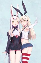 Rule 34 | 2girls, absurdres, animal ears, arescr, arm up, armpits, ass, azur lane, bare shoulders, bikini, bikini bottom only, black jacket, black panties, black skirt, blonde hair, blue skirt, breasts, crop top, crossover, elbow gloves, eyebrows, forehead, gloves, gluteal fold, green eyes, hairband, highleg, highleg panties, highres, historical name connection, holding hands, jacket, kantai collection, long hair, microskirt, midriff, multiple girls, name connection, off shoulder, open mouth, outstretched arm, panties, rabbit ears, red bikini, ribbon, sailor collar, shimakaze (azur lane), shimakaze (kancolle), shirt, sideboob, silver hair, skirt, sleeveless, sleeveless shirt, small breasts, smile, striped clothes, striped legwear, striped thighhighs, swimsuit, swimsuit over clothes, thigh gap, thighhighs, thong, underwear, v, white gloves, white shirt