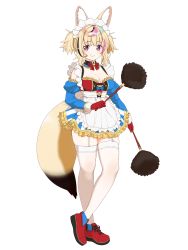 Rule 34 | 1girl, absurdres, animal ears, black hair, blonde hair, blue bow, bow, breasts, cleavage, detached sleeves, dress, duster, facial mark, feather duster, fox ears, fox girl, fox tail, frilled dress, frills, full body, garter straps, gloves, grin, highres, hololive, large breasts, long sleeves, looking at viewer, maid, maid headdress, multicolored hair, okunin, omaru polka, pink hair, puffy long sleeves, puffy sleeves, purple eyes, red bow, red footwear, red gloves, short dress, short hair, simple background, smile, solo, standing, streaked hair, tail, thick thighs, thighhighs, thighs, two side up, virtual youtuber, white background, white thighhighs, yellow bow, zettai ryouiki