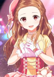 Rule 34 | 1girl, :d, blurry, blurry background, bow, brown hair, collarbone, corset, earrings, gloves, hat, hat bow, highres, idolmaster, idolmaster cinderella girls, idolmaster cinderella girls starlight stage, jewelry, long hair, necklace, open mouth, ototsu kei, pink bow, pink hat, red eyes, seki hiromi, smile, solo, standing, upper body, white gloves