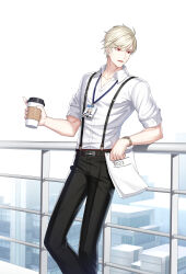 Rule 34 | 1boy, 2022, against railing, belt, black belt, black pants, blonde hair, building, business suit, closers, coffee cup, collared shirt, cup, disposable cup, dress shirt, feet out of frame, formal, highres, holding, holding cup, holding paper, id card, lanyard, looking to the side, male focus, official art, open mouth, pant suit, pants, paper, paperclip, railing, red eyes, salaryman, shirt, short hair, sleeves pushed up, solo, square mouth, standing, suit, suspenders, sweat, turning head, watch, white background, white shirt, wolfgang schneider, wristwatch