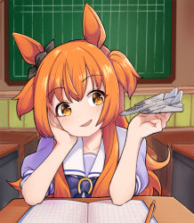 Rule 34 | 1girl, animal ears, blush, bow, desk, ear bow, elbow rest, hand on own cheek, hand on own face, horse ears, indoors, jacy, long hair, mayano top gun (umamusume), mechanical pencil, notebook, open mouth, orange eyes, orange hair, pencil, puffy short sleeves, puffy sleeves, purple shirt, school desk, school uniform, shirt, short sleeves, sitting, smile, solo, toy airplane, tracen school uniform, two side up, umamusume