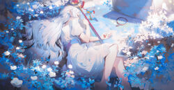 Rule 34 | 1girl, absurdres, barefoot, bird, choker, choker removed, closed eyes, cropped legs, dress, earrings, elf, feet out of frame, field, film grain, flower, flower field, frieren, from above, hair down, highres, holding earrings, jewelry, ji dao ji, long hair, lying, mage staff, on side, outdoors, parted bangs, petals, pointy ears, sash, short sleeves, sidelocks, sleeping, solo, sousou no frieren, staff, tombstone, very long hair, white dress, white flower, white hair