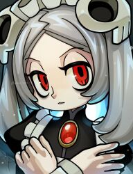 Rule 34 | 1girl, apron, bloody marie (skullgirls), brooch, frilled apron, frills, frown, grey hair, hair ornament, half-closed eyes, highres, jewelry, looking at viewer, maid headdress, monster 0101, parted lips, portrait, red eyes, skull hair ornament, skullgirls, solo, twintails, upper body