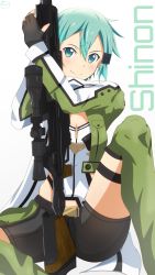 Rule 34 | 1girl, absurdres, anti-materiel rifle, aqua eyes, black gloves, black shorts, blue hair, bolt action, character name, closed mouth, fingerless gloves, gloves, green jacket, green thighhighs, gun, hair between eyes, hair ornament, hairclip, highres, jacket, long sleeves, looking at viewer, motchi001, open clothes, open jacket, pgm hecate ii, rifle, scope, short hair, shorts, sinon, sitting, smile, sniper rifle, solo, sword art online, thigh strap, thighhighs, thighs, weapon