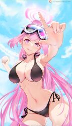Rule 34 | 1girl, :q, alca97, bikini, black bikini, blue archive, blush, breasts, cleavage, collarbone, contrapposto, copyright name, day, eimi (blue archive), eimi (swimsuit) (blue archive), gen 1 pokemon, goggles, goggles on head, halo, halterneck, highres, holding, holding snowball, jacket, large breasts, long hair, looking at viewer, navel, official alternate costume, outdoors, padded jacket, patreon logo, patreon username, pink eyes, pink hair, pink halo, pokemon, ponyta, side-tie bikini bottom, sideboob, ski goggles, skindentation, snow, snow on body, snowball, solo, swimsuit, tongue, tongue out, very long hair, watermark