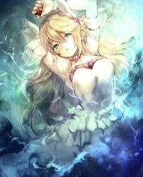 Rule 34 | 1girl, agulo, armpits, arms up, bare shoulders, blonde hair, choker, dress, floating hair, frills, gem, green eyes, hair spread out, highres, jewelry, long hair, looking at viewer, rance (series), rance ix, sheila helman, solo, underwater, water, white dress