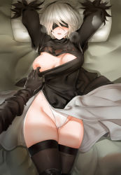 Rule 34 | 1girl, arms up, black dress, black gloves, black thighhighs, blindfold, blush, breasts, cameltoe, cleavage, couple, dress, feather-trimmed sleeves, gloves, grey hair, groin, hairband, highleg, highleg leotard, highres, leotard, lying, mole, mole under mouth, nier:automata, nier (series), nipples, on back, one breast out, out of frame, parted lips, pd (pdpdlv1), pov, pov hands, pussy juice, solo focus, sweat, teeth, thighhighs, 2b (nier:automata), 9s (nier:automata)