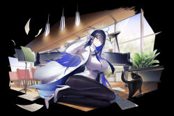 Rule 34 | 1girl, absurdres, black cat, black hair, black pantyhose, blue archive, blue dress, blue eyes, blue hair, breasts, cat, coat, colored inner hair, dress, glasses, gloves, grand piano, halo, high heels, highres, indoors, instrument, large breasts, long hair, looking at viewer, multicolored hair, najiu jiao xiaolan ba, pantyhose, paper, piano, pointy ears, rin (blue archive), sitting, solo, straight hair, two-tone hair, very long hair, white coat, white dress, white footwear, white gloves, wooden floor, yokozuwari
