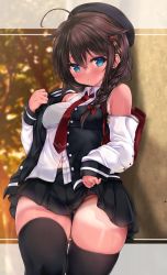 Rule 34 | 1girl, ahoge, bag, beret, black hat, black skirt, black thighhighs, blouse, blue eyes, blush, bra, bra visible through clothes, braid, breasts, brown hair, detached sleeves, gluteal fold, hair between eyes, hair flaps, hair ornament, hair ribbon, hat, highres, kantai collection, looking at viewer, medium breasts, navel, necktie, nijimoto hirok, official alternate costume, parted lips, pleated skirt, red necktie, red ribbon, ribbon, see-through, shigure (kancolle), shigure kai ni (kancolle), shirt, single braid, skirt, solo, sweat, tan, tanline, thighhighs, thighs, underwear, white shirt