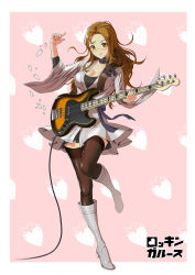Rule 34 | 1girl, absurdres, bass guitar, black choker, black thighhighs, blush, boots, breasts, brown eyes, brown hair, choker, cleavage, goodotaku, hand up, highres, instrument, knee boots, long hair, medium breasts, music, original, pink background, playing instrument, skirt, smile, solo, standing, thighhighs, white footwear, white skirt, wide sleeves