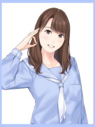 Rule 34 | 1girl, arm up, blue sailor collar, blue serafuku, brown eyes, brown hair, character request, commentary request, copyright request, highres, light blush, lips, long sleeves, looking at viewer, medium hair, mole, mole on cheek, mole under eye, nayuta69, neckerchief, parted bangs, parted lips, real life, sailor collar, school uniform, serafuku, smile, solo, upper body, white neckerchief
