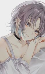 Rule 34 | 1girl, asakura toru, black choker, breasts, brown hair, choker, cleavage, close-up, collarbone, commentary, dress, gradient hair, grey eyes, grey hair, head rest, highres, idolmaster, idolmaster shiny colors, light smile, looking at viewer, mameko (l8 w3), multicolored hair, short hair, small breasts, solo, two-tone hair, white background, white dress