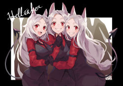 Rule 34 | 3girls, :d, animal ears, black gloves, black jacket, blush, breasts, cerberus (helltaker), clenched teeth, commentary request, copyright name, demon girl, demon tail, dog ears, dog girl, gloves, helltaker, highres, holding hands, interlocked fingers, jacket, long hair, looking at viewer, medium breasts, multiple girls, open mouth, piyoyanagi, red eyes, red shirt, shirt, siblings, sisters, smile, tail, teeth, waistcoat, white hair