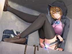 Rule 34 | 10s, 1girl, bag, bookbag, bow, breasts, combat knife, full body, gleam, hood, hoodie, knife, koiwai yoshino, large breasts, loafers, long legs, looking at viewer, masamune-kun no revenge, ocza, panties, pantyshot, parted lips, rope, school uniform, shoes, short hair, skirt, solo, thighhighs, thighs, underwear, weapon