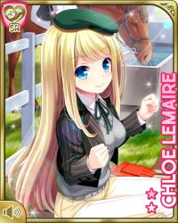 Rule 34 | 1girl, blazer, blonde hair, blue eyes, blue sweater vest, bow, breasts, card (medium), character name, chloe lemaire, clenched hands, closed mouth, day, girlfriend (kari), green jacket, horse, jacket, long hair, medium breasts, official art, outdoors, pants, qp:flapper, shirt, sitting, smile, solo, striped clothes, striped jacket, sweater vest, tagme, white pants, white shirt