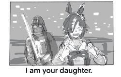 Rule 34 | 1boy, 1girl, animal ears, black border, border, bow, bowtie, collarbone, commentary, crossover, darth vader, ear ornament, energy sword, english text, greyscale, hair over one eye, highres, holding lightsaber, horse ears, horse girl, i am your father (meme), lightsaber, long sleeves, meme, monochrome, open mouth, pointing, pointing at self, sailor collar, sailor shirt, school uniform, shirt, sketch, star wars, star wars: the empire strikes back, sword, tracen school uniform, umamusume, upper body, vodka (umamusume), weapon, winter uniform, yuyuyukke