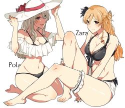 Rule 34 | 10s, 2girls, adjusting clothes, adjusting headwear, arms up, asakawa (outeq), bare shoulders, barefoot, between legs, bikini, black bikini, blonde hair, braid, breasts, brown eyes, cleavage, closed mouth, collarbone, commentary request, fingernails, full body, grey hair, hair between eyes, hair ornament, hair over shoulder, hand between legs, hat, kantai collection, leg grab, long hair, looking at viewer, multiple girls, navel, open mouth, pola (kancolle), red ribbon, remodel (kantai collection), ribbon, seiza, shaded face, shorts, side braid, simple background, sitting, smile, swimsuit, teeth, wavy hair, white background, white hat, zara (kancolle)