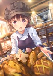 Rule 34 | 1girl, :d, absurdres, apron, bakery, blurry, blurry background, blush, bread, brown hair, brown hat, ceiling, food, gingerbread man, hat, highres, holding, holding tray, indoors, lights, looking at viewer, macaron, open mouth, original, painting (object), ponytail, shop, smile, solo, tray, uniform, unwitherer, window