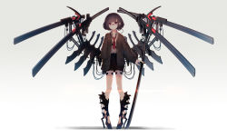 Rule 34 | 1girl, absurdres, bad id, bad pixiv id, black skirt, bob cut, brown hair, cardigan, closed mouth, expressionless, full body, glasses, hand in pocket, highres, katana, kumanoi azuki, looking at viewer, loose necktie, mecha musume, necktie, ootachi, open cardigan, open clothes, original, pleated skirt, red eyes, red necktie, school uniform, science fiction, sheath, sheathed, short hair, skinny, skirt, solo, standing, sword, weapon