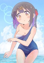 Rule 34 | 1girl, bare arms, bare shoulders, black hair, blue one-piece swimsuit, blue sky, blush, breasts, brown eyes, cloud, collarbone, commentary, cowboy shot, day, gluteal fold, hair ornament, hair ribbon, hairclip, highres, lens flare, looking at viewer, medium breasts, medium hair, multicolored hair, murairamuraiari, one-piece swimsuit, onii-chan wa oshimai!, outdoors, oyama mihari, purple hair, red ribbon, ribbon, sky, solo, swimsuit, thigh gap, twintails, two-tone hair, undressing, water