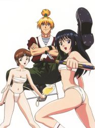 Rule 34 | 1boy, 2girls, absurdres, aoi natsu, ass, bandages, bare shoulders, black hair, blonde hair, blue eyes, boots, breasts, brown hair, cleavage, collarbone, cossack dance, fundoshi, galan (honoo no labyrinth), hair ornament, headband, highres, holding, holding sword, holding weapon, honoo no labyrinth, intravenous drip, japanese clothes, jewelry, kasumi (honoo no labyrinth), long hair, looking at viewer, medium breasts, multiple girls, navel, official art, open mouth, panties, pants, sarashi, shirt, short hair, smile, standing, sword, thighs, underwear, weapon, white background, white panties, yamauchi noriyasu