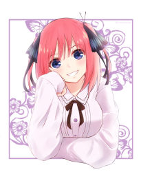 Rule 34 | 1girl, arm under breasts, black bow, black ribbon, blue eyes, blunt bangs, blush, bow, breasts, butterfly hair ornament, frilled shirt, frills, go-toubun no hanayome, grin, hair ornament, hand on own cheek, hand on own face, head tilt, highres, large breasts, long sleeves, looking at viewer, nakano nino, pink hair, purple shirt, ribbon, shirt, simple background, sleeves past wrists, smile, ten@ (tenatdam), twintails